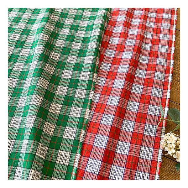 コットン綾織りグリーンタータンチェック 生地 グリーン×白ストライプ
