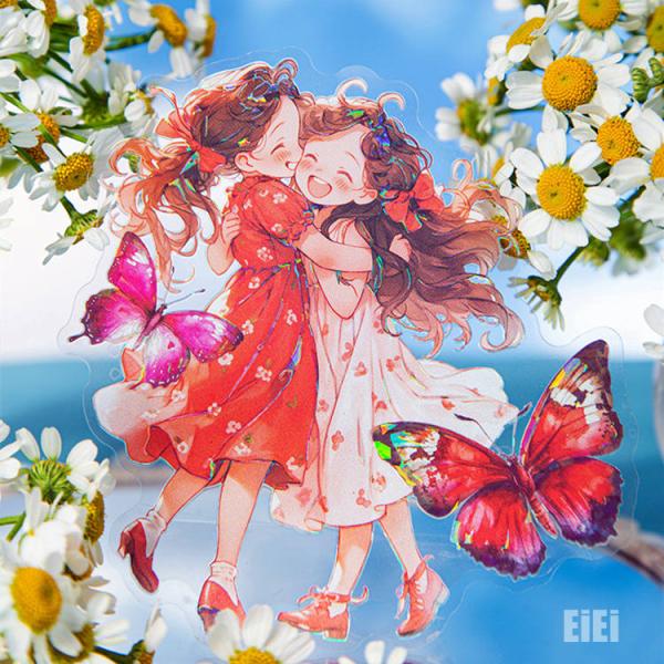 箔押し 人物シール 大きめ クリアシール コラージュ素材 人物 シール 貝シェル光 少女 女の子 イラスト シール 可愛い 友情 仲間 コラージュ 素材 sztz-06-028
