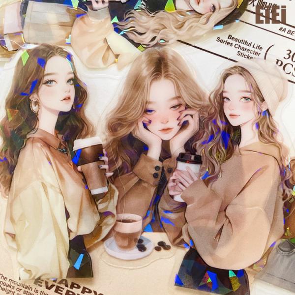 人物シール 大きめ 貝シェル光 少女 女の子 コーヒー イラストシール クリアシール  コラージュ素材 おしゃれ 人物 シール 30枚 PET 耐水 sztz-30-267