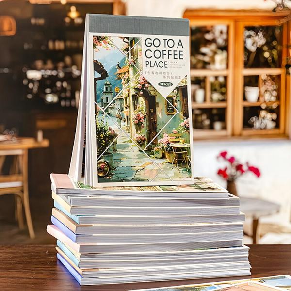 シールブック 異素材 背景シール 30枚/冊 喫茶店 コーヒー 珈琲 街並み パン屋 建物 建築 雲 くも 街角 町風景 ショップ 海辺 写真 コラージュ素材 sztz-30-375