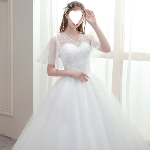 ウェディングドレスロングドレス編み上げタイプ豪華な花柄花嫁結婚式オフショルダーレース白ホワイト