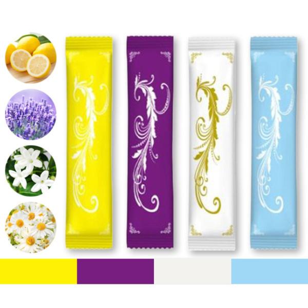 【商品仕様】パッケージサイズ：約3×14cm、重さ13g。おしぼりサイズは約18×20cm。カラーと香りは白（ジャスミン）、黄（レモン）、水色（カモミール）、紫（ラベンダー）の4種類をご用意。       【潤いたっぷり】競合商品に比べて水...