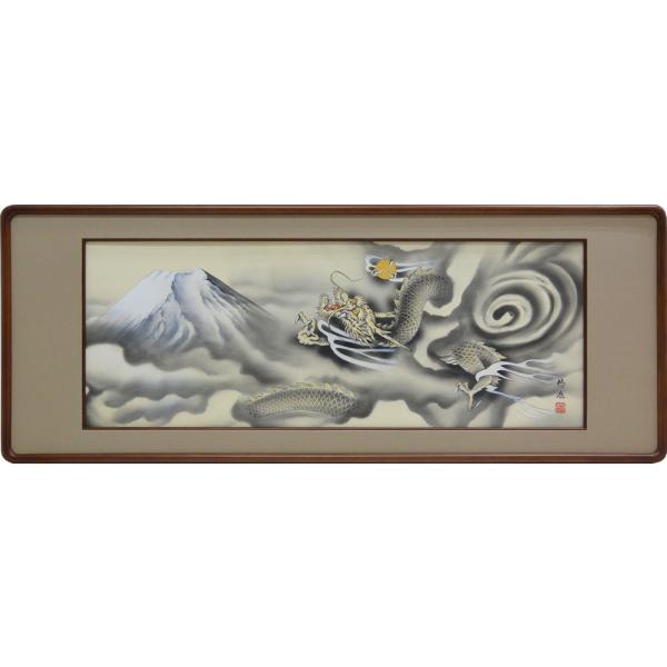 扁額 日本画 【 秀 園 筆 】 蓮の花図 木枠扁額仕立 47cmx123cm