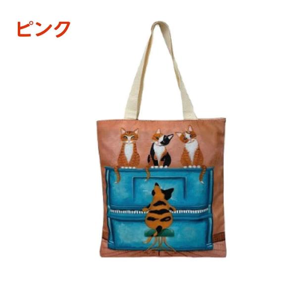 猫柄トートバッグT-CAT2 マチ無し　 CAMEL茶　キャメル　軽量ねこトートバッグ 猫 cat 派手柄 うちわ カラフル プリント 大き目 ポケット 内ポケット かわいい