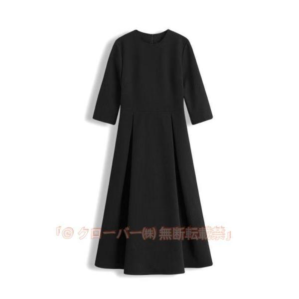 ワンピース ブラック Aライン 喪服 フォーマル フレア 大人 クルーネック パーティー 着痩せ ドレス ロング丈 上品 レディース