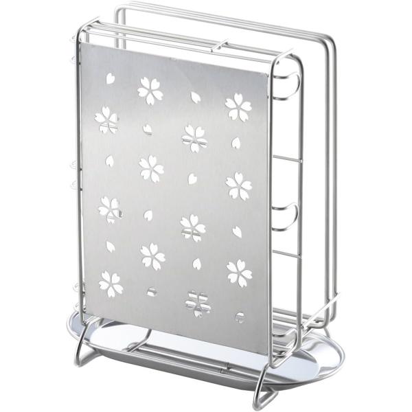 桜模様が可愛いキッチンアイテム。包丁・まな板・キッチンバサミをまとめて収納できますシートタイプのまな板も収納できます。トレーは外して洗えるのでいつでも清潔。桜柄プレートが刃先を目隠ししてくれます