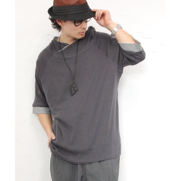 メンズ ライトアウター トップス 羽織 フード付き ボーダー プルオーバー 異素材 重ね着風 半袖 おうちで洗える 日本製パーカープルオーバー メール便不可 オシャレウォーカー 通販 Paypayモール