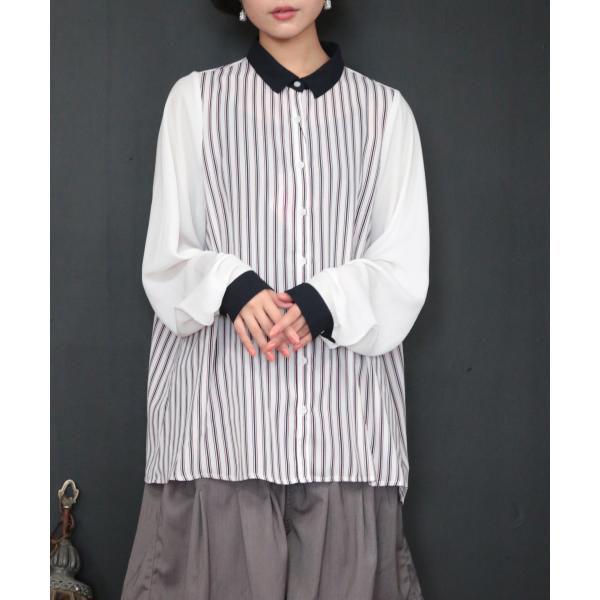 レディース トップス シャツ ブラウス 長袖 ストライプ シフォン きれいめ 襟付き 切替 配色 ストライプシフォンブラウス メール便可 10 オシャレウォーカー 通販 Paypayモール