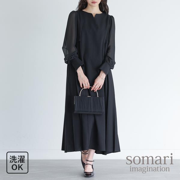 ワンピース レディース 春 夏 秋 冬 40代 50代 オケージョン 黒 S〜3L ロング 長袖 プリーツ ロング 無地 体型カバー オシャレウォーカー「メール便不可」「20」