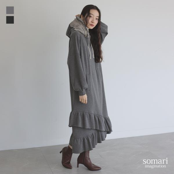 ワンピース レディース 長袖 秋冬 ロング丈 フード付き パーカー 裏シャギー フリル レース レース ストレスフリー ゆるシルエット ストレッチ性 リブ ポケット ロングワンピース マキシワンピース パーカーワンピース パーカーワンピ A...