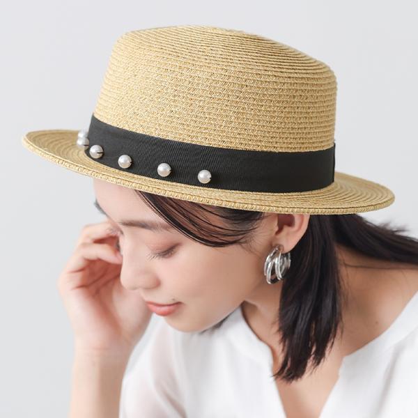 カンカンハット カンカン帽 レディース 帽子 ハット 麦わら帽子 調節可能 調節できる フェイクパール リボン 面ファスナー「メール便不可」「60」
