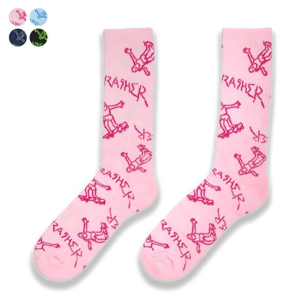 THRASHER スラッシャー ソックス 靴下 メンズ ブランド スケボー ストリート おしゃれ クルー丈 ミドル丈 ピンク GONZ CREW SOCKS