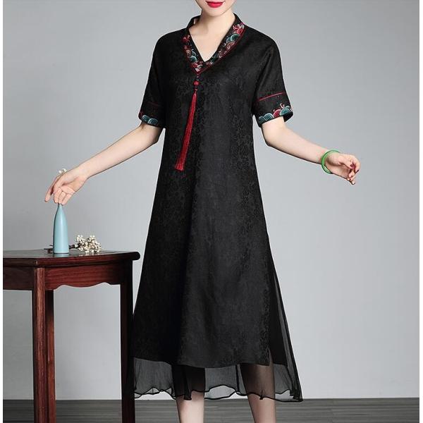 パーティードレス50代60代 袖あり秋 冬 入学式 スーツ 母親 40代 冬 ブランド 40代 スーツ チャイナドレス風ワンピース 上品 花柄 ブラック 結婚式ワンピース専門店osyareism