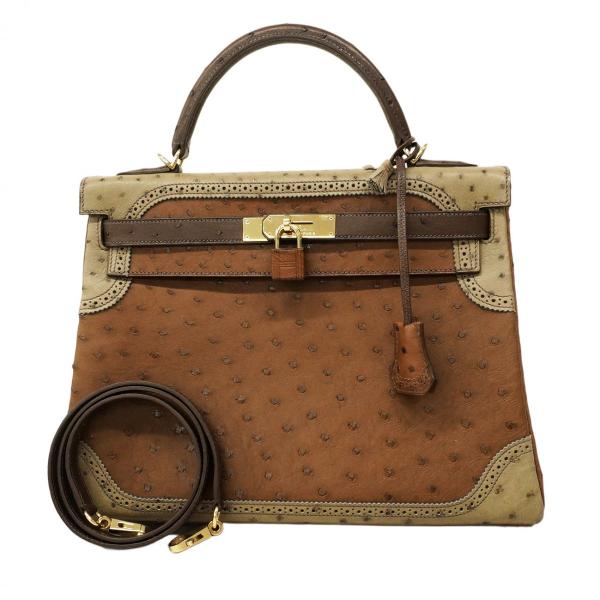 ★SALE【5oe1123-3-h-g】エルメス ハンドバッグ ケリーギリーズ32 オーストリッチ マロンフォンセ/エトリュクス/ムース シャンパンゴールド金具 □Q刻印 2wayバッグ【中古】レディース HERMES（エルメス） ☆SALE【5oe1123-3-h-g】エルメス ハンドバッグ