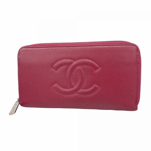 CHANEL 【5gd4592-h】シャネル 長財布 キャビアスキン レッド シルバー  
