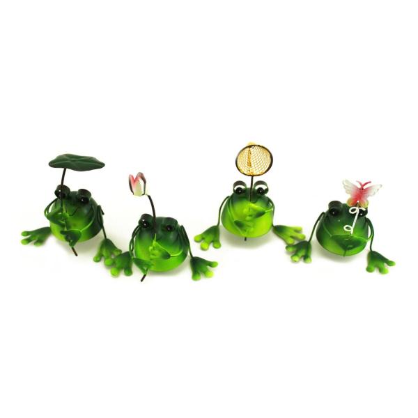 naissant 幸運をよぶ 4匹の かわいい 小さな カエル 置物 プチ プレゼント インテリア に最適 ブリキ の 蛙 オブジェ （葉っぱ＆ちょう