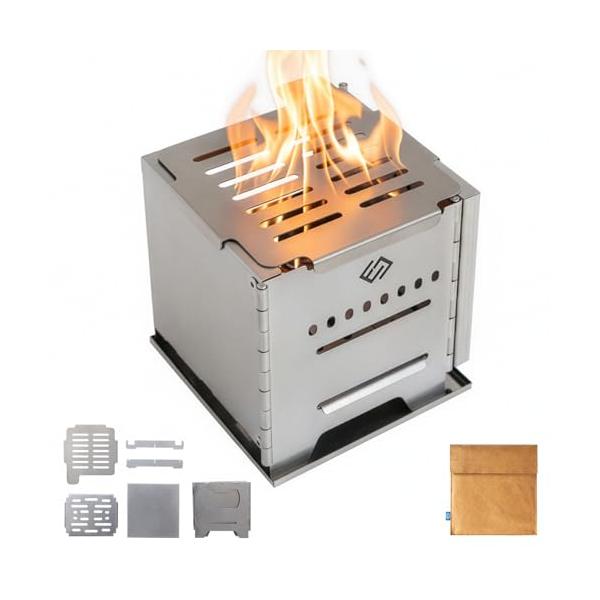 COOK'N'ESCAPE 二次燃焼ウッドストーブ チタン焼き板＆ゴトク付き 430ステンレス製 軽量515g 折り畳み式 コンパクト収納 デュポン紙