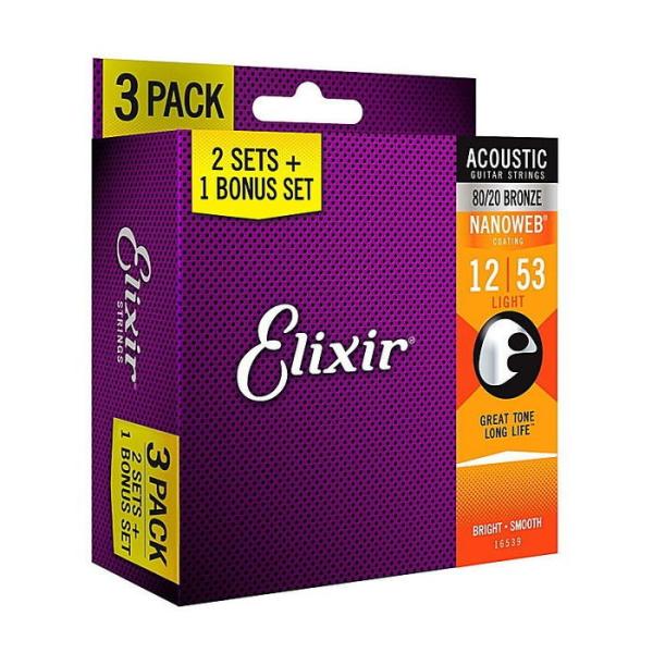 Elixir 16539 12-53 3セットパック エリクサー アコースティックギター弦 1105...