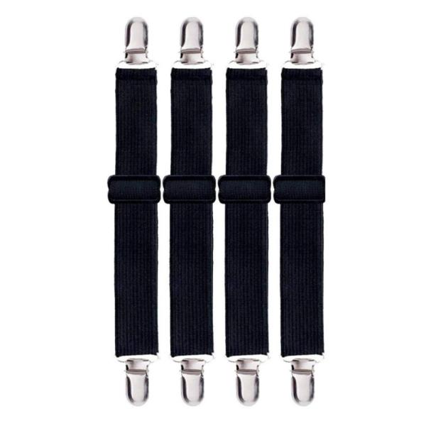 【商品名】　YFFSFDC ベッドシーツ ズレ防止クリップ 調節可能 4本セット 幅3cm 滑り止め ゴムバンド コーナー止め（ブラック） 【商品説明】　・【サイズ】最短状態約15×3cm　調整長さサイズ：30×3cm　伸ばしサイズ：55×...