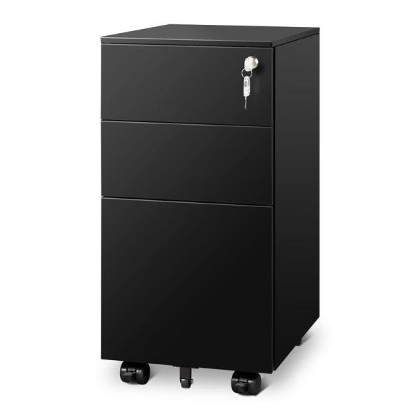 【商品名】　DEVAISE スリムワゴン デスクワゴン サイドワゴン オフィスワゴン キャビネット 幅300*奥行435*高さ600mm スリム型 コン 【商品説明】　・【3段オールロック】こちらの商品は、一箇所を施錠すれば、すべての引き出...