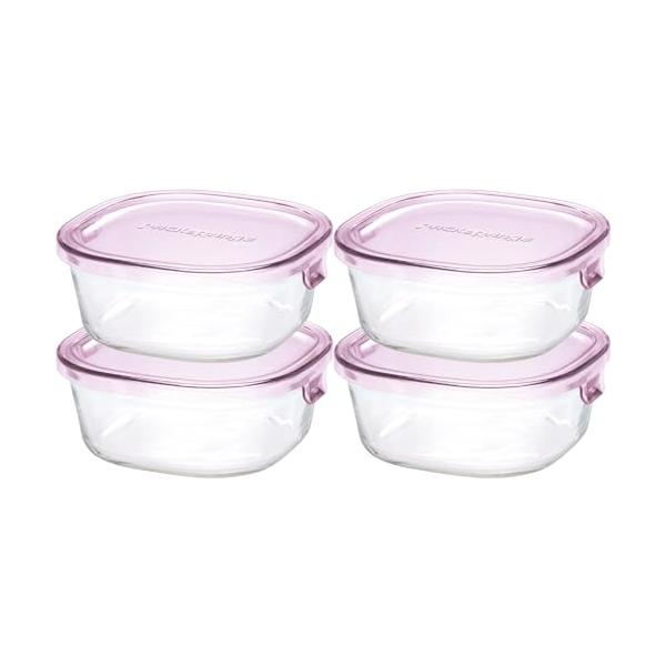 iwaki(イワキ) 耐熱ガラス 保存容器 ピンク 角型 S 450ml ×4個セット