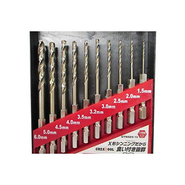 ・  GTNSDS−10・用途:ステンレス用（ステンレス、一般鋼材、軽金属、プラスチック、木材）・六角軸:6.35mm・セット内容:1.5、2.0、2.5、3.0、3.2、3.5、4..0、4.5、5.0、6.0mm・X形シンニング加工（3...