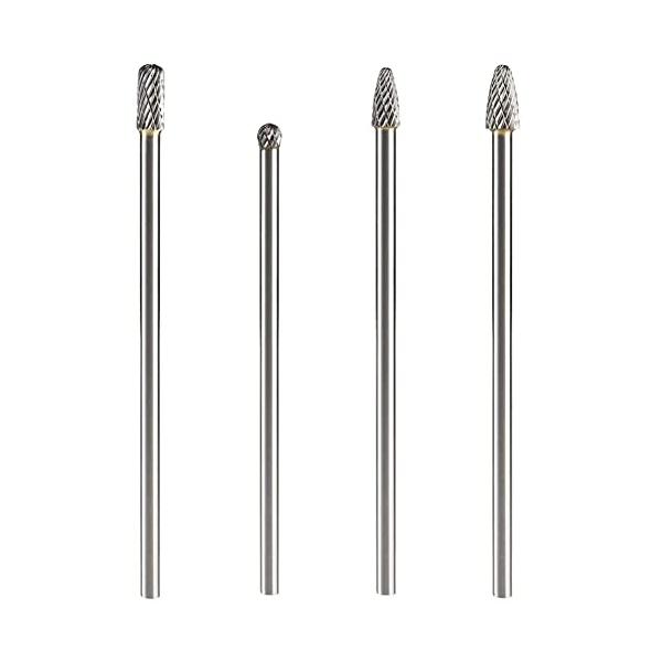 セット内容：4本組超硬バー/リューター ビット シャンク径: 6mm(丸頭) 全長：147 - 157mm 色： シルバー 材質：タングステン鋼・形状：シリンダー形状、円筒ボールヘッド、球状、湾曲ラウンドヘッド、4種類ヘッド形状、用途に合わ...