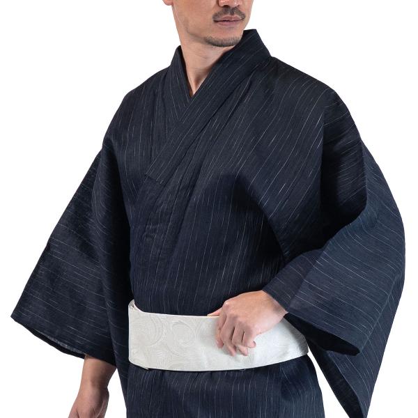 浴衣セット 近江ちぢみ 本麻 濃紺 M〜LL （浴衣+角帯+男締め）