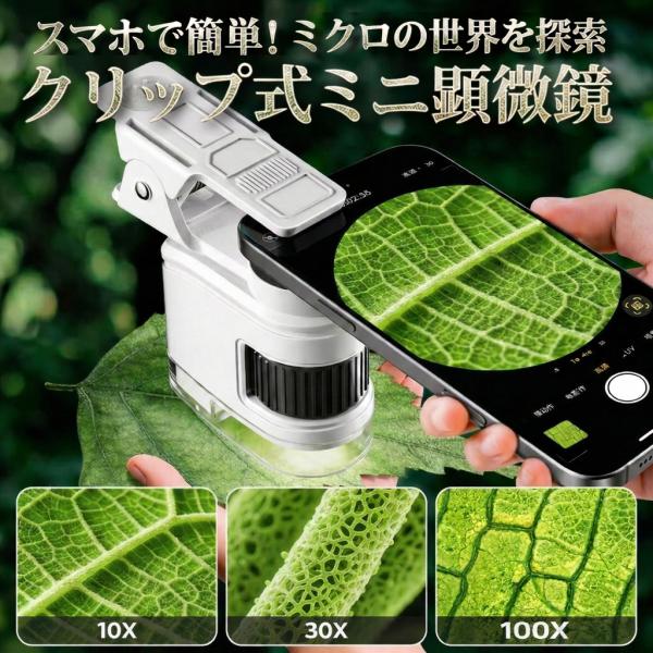 ミニ顕微鏡　100倍拡大レンズ　ルーペ　マクロ観察レンズLED・UV搭載自由研究小型　スマホ装着用クリップあり