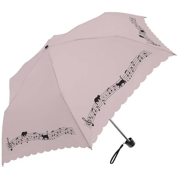 婦人用晴雨兼用折りたたみ傘 50cm 音符と猫 ピンク ミニ傘 ネコ