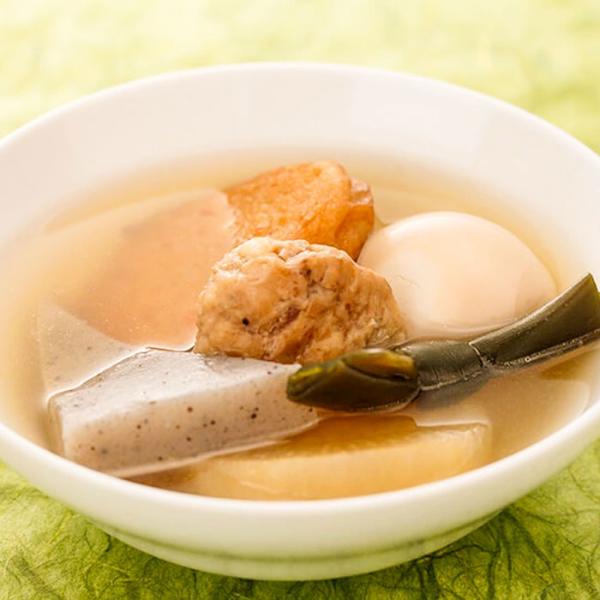 具材6種入り（牛たん・卵・大根・さつま揚げ・昆布）で大満足！宮城の名産・牛たんがたっぷり入ったつくねと厳選した全て国産具材をかつおぶし、昆布等の天然素材だけで作ったスープでじっくり仕上げました。