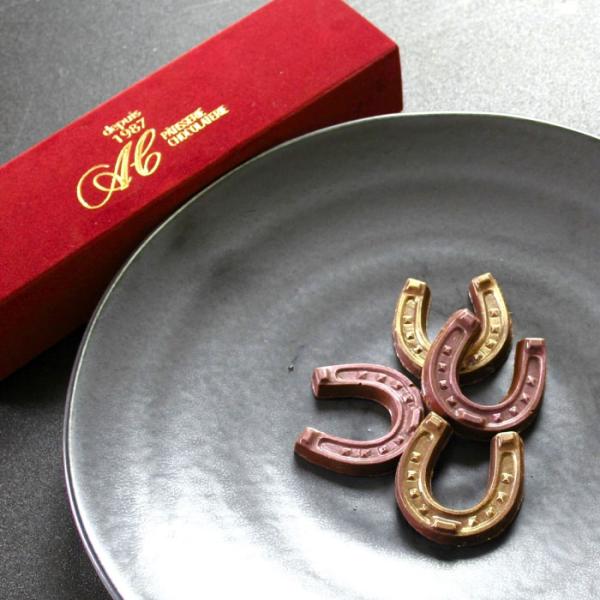 幸せを運ぶ蹄鉄モチーフのユニークなチョコレート。現在府中にある東京競馬場の前身の目黒競馬場が、店舗のある目黒区下目黒界隈にあったということにちなんで作られたという一品。表面には金の粉を全体に施し、本物のような質感がイメージされており、食べる...