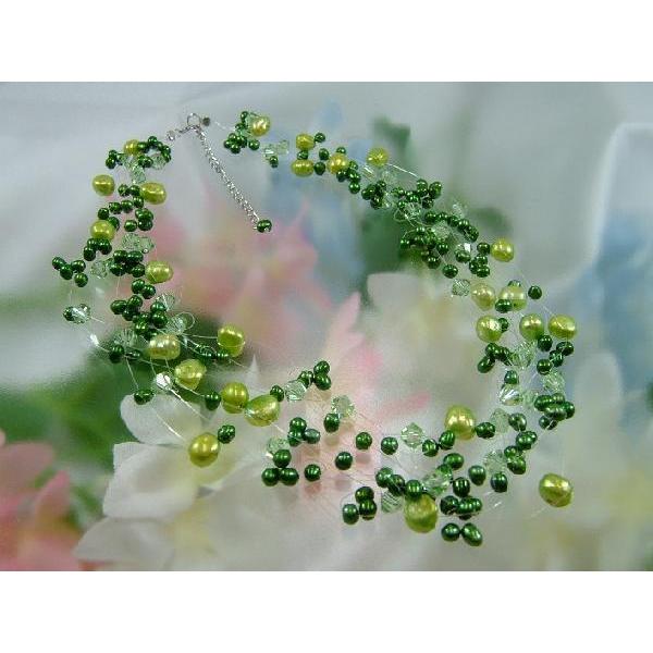 スワロフスキー ネックレス 淡水真珠 音羽パールdf0014 グリーン 8連 