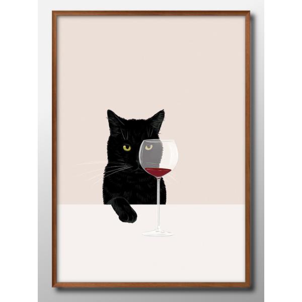 アート ポスター おしゃれ 絵画 インテリア 12511ワインと猫 黒猫 A3サイズ 北欧 イラスト マット紙 管理ID: