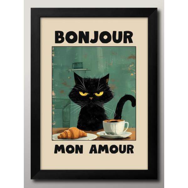 日本製 ポスター BONJOUR MON AMOUR 猫 ネコ 絵画 インテリア A3サイズ アート 新築祝い ギフト 模様替え 北欧 管理ID:16398