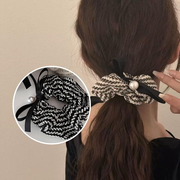 シュシュ ツイード リボン風 ヘアゴム パール付き 上品 ヘアアクセサリー ベルベット シンプル オフィス レディース 秋冬 上品 おしゃれ プレゼントjtl096