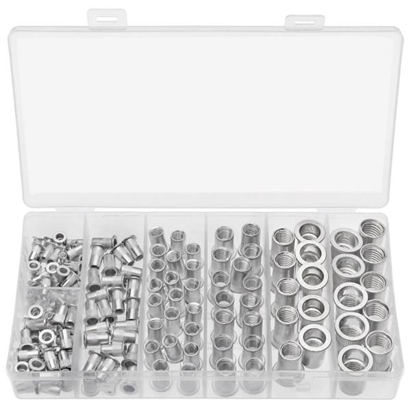 豊富なリベットナットのアソートメントで、150個入りです。6つの標準サイズ（M3からM10）が含まれています。これらのリベットナットは、薄い壁材や中空プロファイルに安定したスレッドを形成します。通常はねじ接続に使用されますが、リベットと追加...
