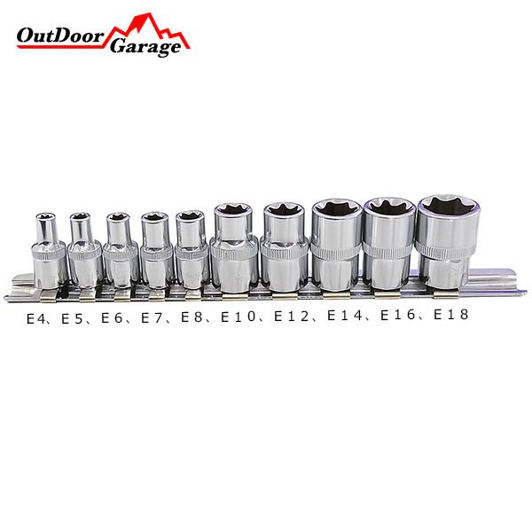 １０個セットのE型ヘックスローブソケットセットです。材質：クロムバナデューム合金サイズ1/4"（6.3mm） ： Ｅ4、Ｅ５、Ｅ６、Ｅ７、Ｅ８3/8"（9.5mm） ： Ｅ１０、Ｅ１２、Ｅ１４、Ｅ１６、Ｅ１８