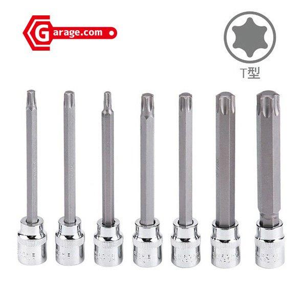プラスチックパーツやエアバッグ、ドアノブ周辺等、奥まった位置にあるトルクスボルトの脱着に最適なビットソケットです。おまけのレール付き■商品仕様・全　長：110mm・差込角：3/8"・サイズ：T25、T30、T40、T45、T50、T55、T...