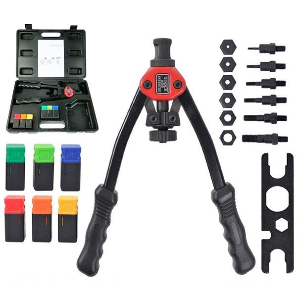 コンパクトなデザイン、収納ケース付き強力ハンドナッターセット。両手式でアルミ、スチール材質M10までのカシメナットのカシメ作業ができます。■商品仕様・本体全長：約34cm・適応ナット材質：アルミ、スチール・使用可能サイズ：M3、M4、M5、...