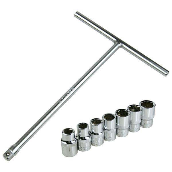 T型ハンドル+ソケットレンチ7pcのセットです。■商品仕様・全　長 ： 265ｍｍ・横　幅 ： 180ｍｍ・差込角 ： 3/8"(9.5mm)・ソケット：8、9、10、11、12、13、14mm・材　質 ： CR-V・重　量 ： 330g