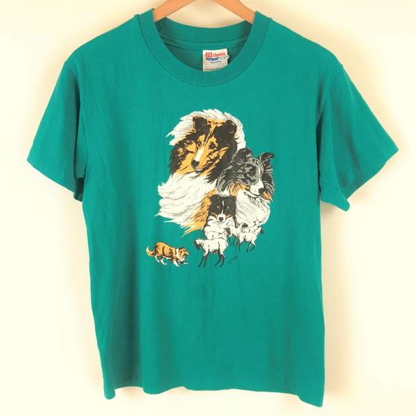 古着 アニマルプリントTシャツ コリー 牧羊犬 グリーン系 メンズS 中古