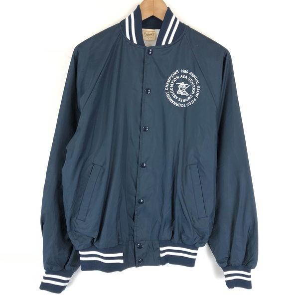 古着 Auburn ナイロンスタジャン 裏地付き ソフトボール 80年代 ワンポイントプリント ネイビー系 メンズm N N 古着lab2号店 通販 Yahoo ショッピング