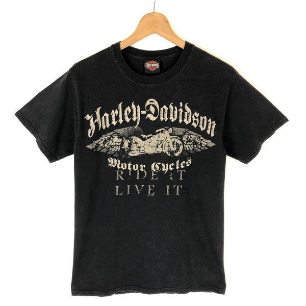 古着 Harley-Davidson ハーレーダビッドソン プリントTシャツ 両面プリント RIDE IT・LIVE IT バルセロナ ブラック系  レディースS 中古 n029991