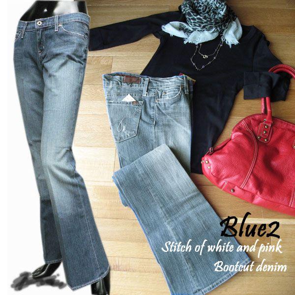 Blue2（ブルー2）ローライズ　ブーツカット　ストレッチデニムパンツ（白＆ピンクループ刺繍）／W001SRUB