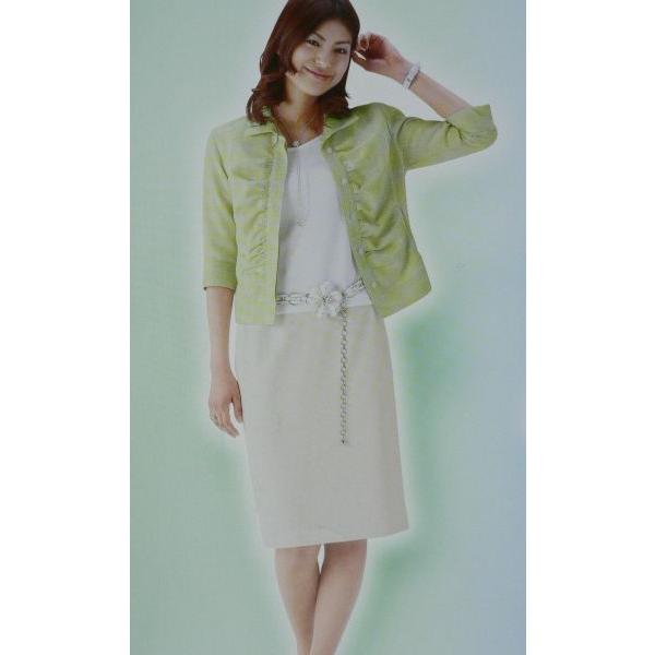 7分袖 前立てギャザー ジャケット （ 事務服 ）　New Sweet Tweed グリーンカラー