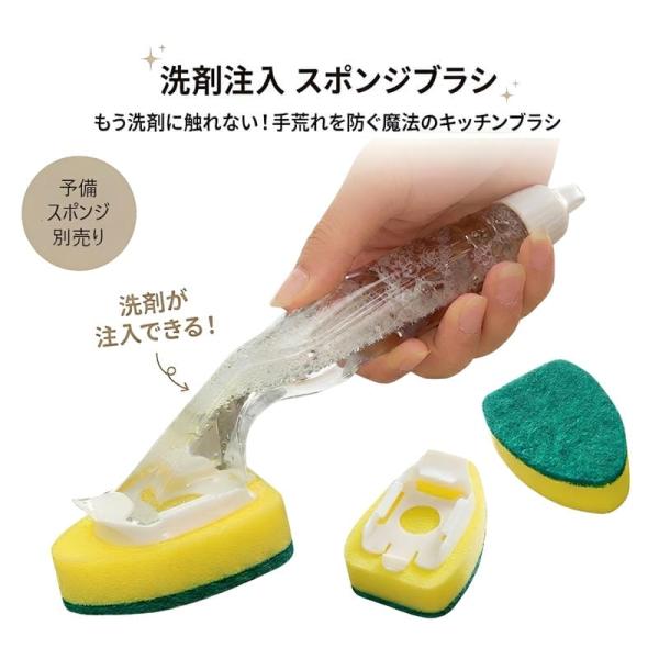 Y 洗剤が入る スポンジ ブラシ 取っ手付き 食器洗い 掃除 キッチン 手荒れ防止 抗菌 時短 便利グッズ 洗剤注入 詰め替え 予備スポンジ