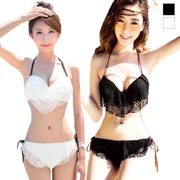 レディース水着 レースビキニ サイドリボン ホワイト 白 レース ビキニ 2点セット 黒 ブラック 森ガール ナチュラル 無地 レース水着 W813 アウトレットショップ Sakura 通販 Yahoo ショッピング