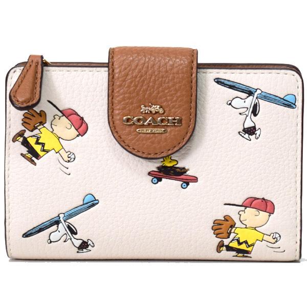 コーチ 財布 COACH ぺブルレザー ピーナッツ コラボ スヌーピー スポーツ プリント ミディアム コーナー ジップ ウォレット 二つ折り財布 チャークマルチ C4899