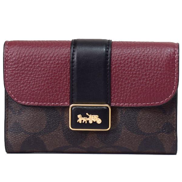 【美品】 ☆COACH 二つ折り財布 ダークブラウン/レッド COACH（コーチ） 二つ折り財布 レディース シグネチャー スクエア ミニ